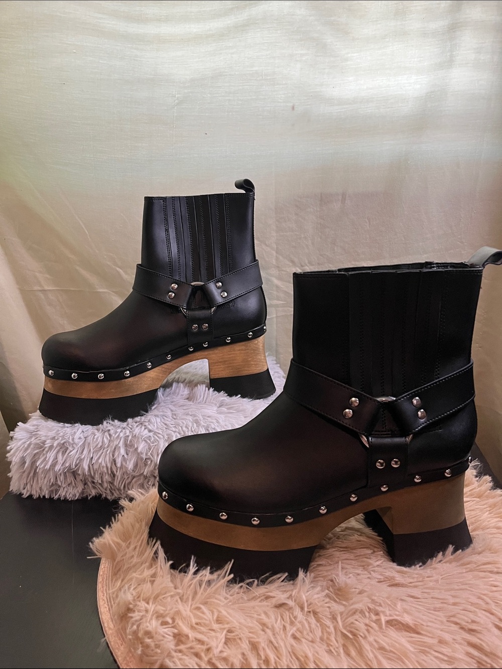 T.U.K Black Platform Studded Ankle Boots with Wood-Look Midsole